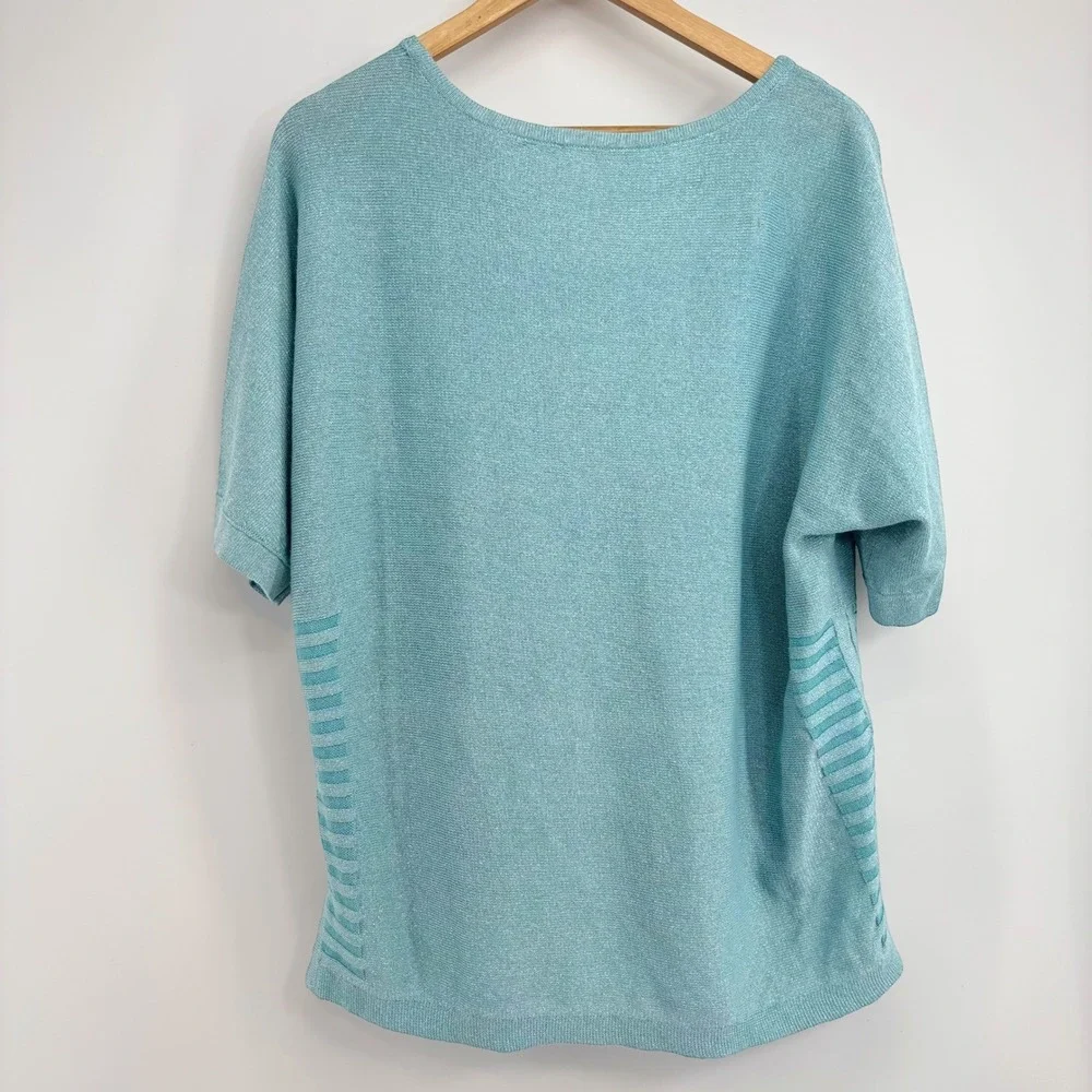 Chicos Tunic Top Linen Blend Short Sleeve Size 2 Large Aqua Shimmer